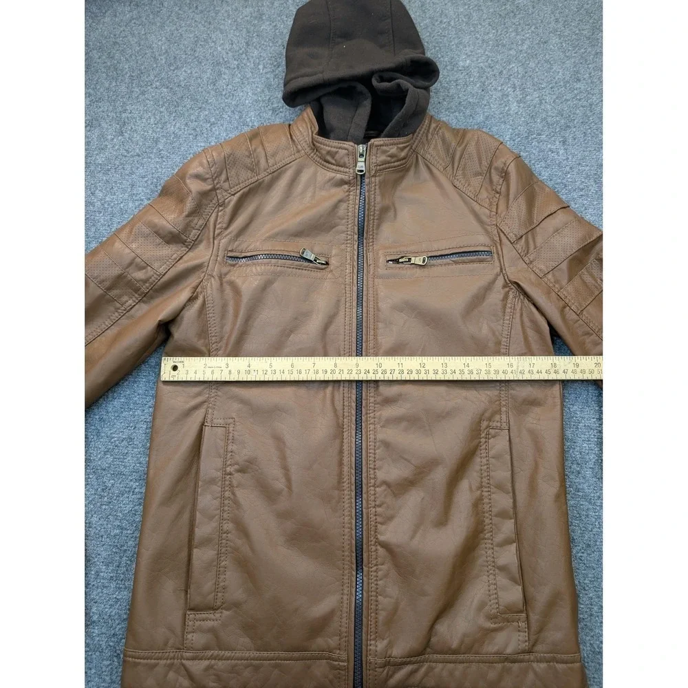 Urban Republic Jacket Mens Small Brown Faux Leather Hooded Moto Zip Pockets - Picture 6 of 12